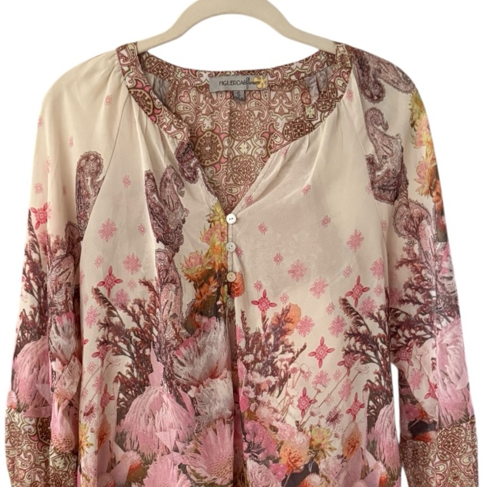 Fig & Flower Boho Pink Cream Floral Blouse Size Small - Picture 6 of 16